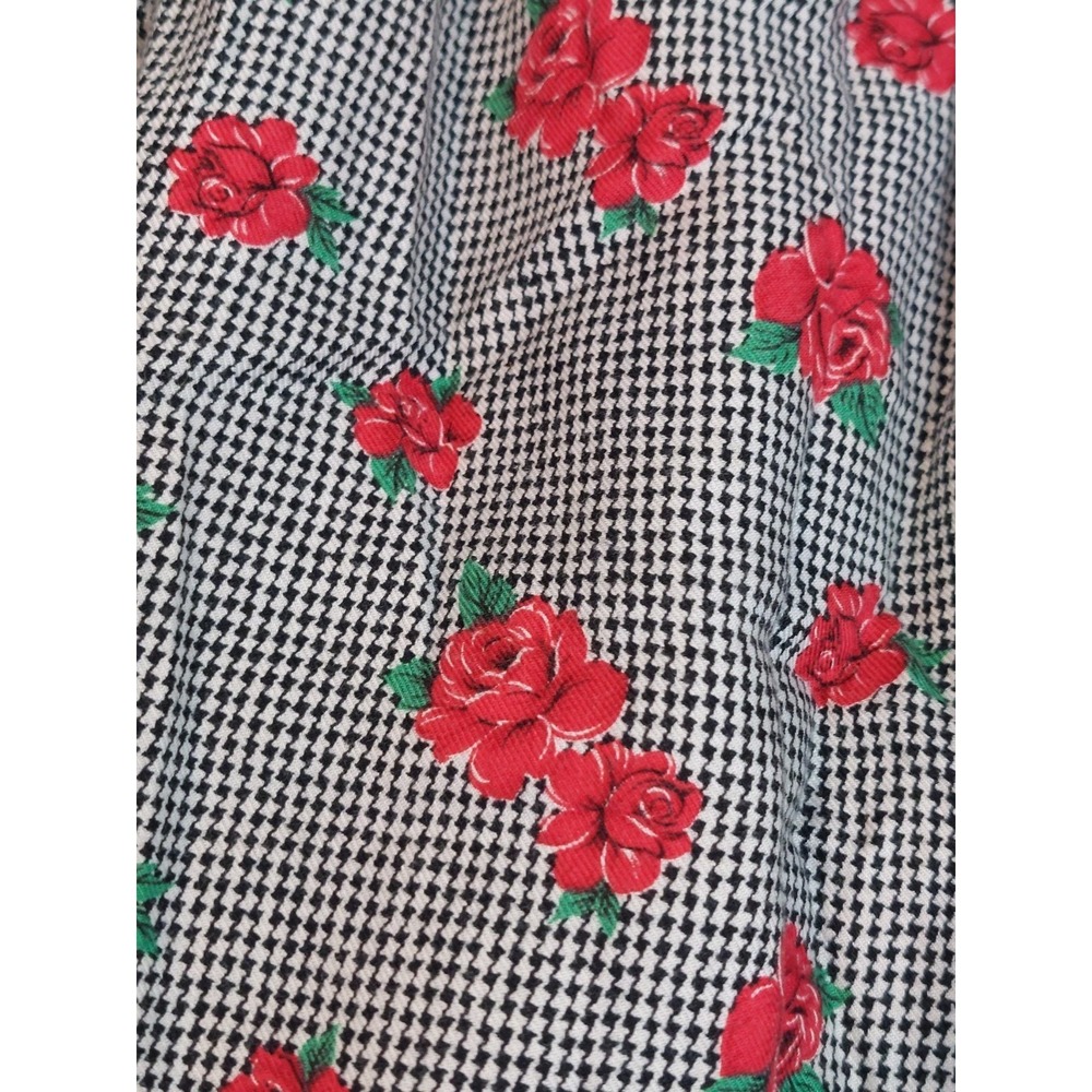 Vintage 90s Rayon Midi Skirt Red Rose Houndstooth High Waist S/M Pockets Grunge